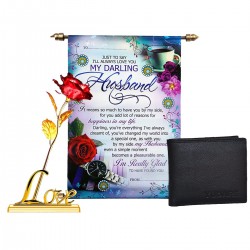 Gift for Husband - Scroll Card, Leather Wallet, Artificial Golden Red Rose with Love Stand - Valentine Day - Birthday - Anniversary Gift