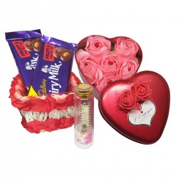 Valentine Day Love Gift - Message Bottle, Soft Toy, Gift Box & Basket with 2 Chocolates