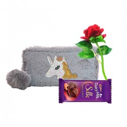 Decorative Artificial Red Rose With Women's Wallet And Dairy Milk Silk
