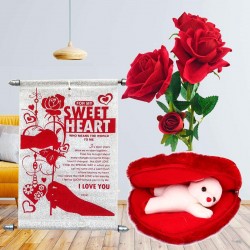 Plush Teddy Cushion With Artificial Red Rose And Love Scroll Card