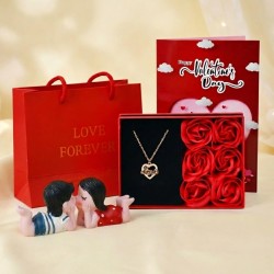 Valentine Day Gift for Couples - Heart Shaped Gift Box with Locket, Couple Showpiece and Paper Carry Bag