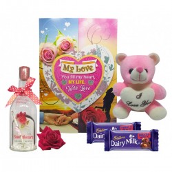 Valentine Gift Combo Pack of Greeting Card, Message Bottle, Gift Basket, Red Rose and Cadbury Chocolate with Teddy Bear
