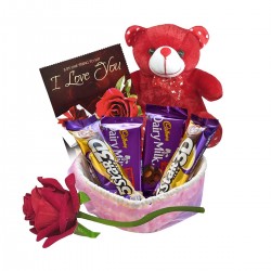Love Gift for Girlfriend - Greeting Card, Teddy Bear, Red Rose Flower, Decorative Basket with 4 Chocolates - Valentine Day - Birthday - Anniversary Gift