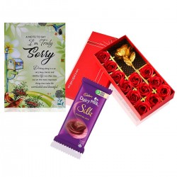 Sorry Gift for Girlfriend, Boyfriend - Sorry Greeting Card, Silk Chocolate and Golden Rose with 12 Scented Red Rose