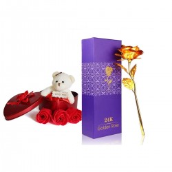 Love Gift - Artificial Golden Rose, 3 Scented Red Rose Florwers with Teddy Bear