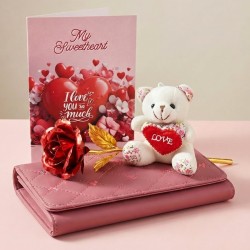 Special Gift Combo for Wife, Girlfriend - Love Greeting Card, Golden Red Rose, Hand Wallet, Teddy Bear, key chain