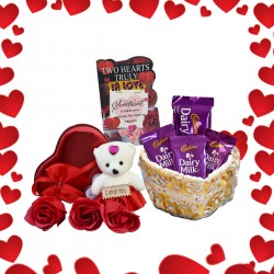 Valentine Day Gift for Girlfriend, Wife, Boyfriend - Greeting Card, Teddy with Red Rose Flowers, Basket with Chocolates