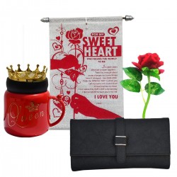Gift for Girlfriend, Wife - Love Scroll Card, Artificial Red Rose, Hand Wallet/Clutch, Ceramic Mug with Lid