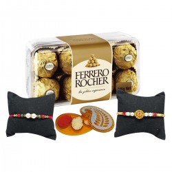 Bhai Dooj Gift for Brother - Ferrero Rocher Chocolate & 2 Designer Thread with Roli Chawal Chopra-Bhai Dooj Gift Set