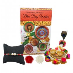 Bhai Dooj Gift For Brother - Bhai Dooj Greeting Crad & Designer Thread With Cute Little Krishna Chopra Roli Chawal Pack-Bhai Dooj Gift Set