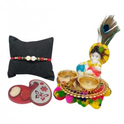 Bhai Dooj Gift for Brother - Cute Little Krishna, Roli Chawal Pack & Designer Thread-Bhai Dooj Gift Set