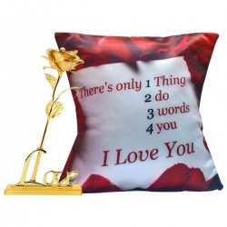 Love Gift Combo - (Cushion Filler + Cover) & Artificial Golden Rose With Beautiful Golden Love Stand