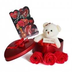 Love Greeting Card And Heart Gift Box With Teddy