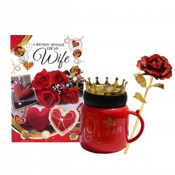Birthday Gift for Wife - Greeting Card, Golden Red Rose and Ceramic Coffee Mug and Lid