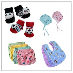 Anti Slip Socks-Baby Boys & Girls Cap Soft Fabric Layer Tie Knot-Feeding Bib/Apron-Reusable Cotton Nappies/Diaper/Langot For 6 to 12 Months
