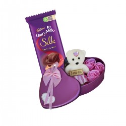 Christmas and New Year Gift - Chocolate, Heart Shape Box with Small Teddy and 3 Rose