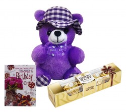 Birthday Gift for Girlfriend or Wife - Purple Cap Teddy with Small Greeting Card & Ferrero Rocher Pack 4