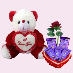 Best Valentine Day Gift - Soft Teddy Bear, Artificial Red Rose, Basket with 5 Chocolates