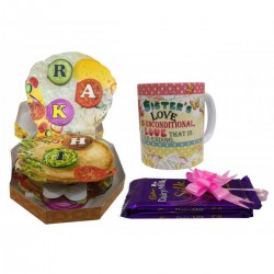 Rakhi Gift For Sister - Burger Shape Greeting Card, Mug & Chocolate