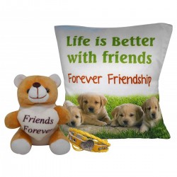 Gift for Friend - Printed Cushion with Filler, Soft Toy & Friendship Band