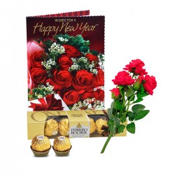 Artificial Red Rose Bunch With New Year Greeting Card And Premium Chocolate