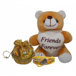 Combo Gift For Friend - Friends Forever Soft Toy, Friends Keychain & Small Bucket Full of Chocolates