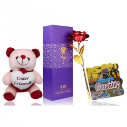 Friendship Day Gift Combo - Artificial Red Golden Rose, Greeting Card & Soft Toy