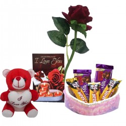 Chocolate Gift Hamper for Girlfriend, Wife, Boyfriend - Greeting Card, Red Rose Flower, Basket with 5 Chocolates and Soft Teddy - Valentine Day