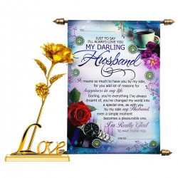 Gift for Husband - Scroll Card, Artificial Golden Rose with Love Stand - Valentine Day - Birthday - Anniversary Gift