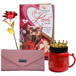 Gift for Wife, Girlfriend - Love Greeting Card, Golden Red Rose, Hand Wallet/Clutch, Queen Coffee Mug