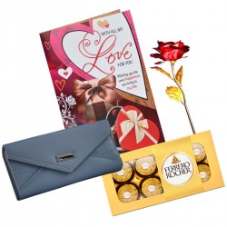 Gift for Girlfriend, Wife - Greeting Card, Golden Red Rose, Hand Wallet, Chocolate Box