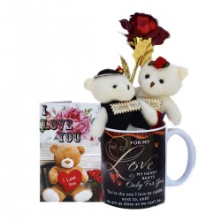 Gift for Girlfriend Boyfriend Husband Wife- Artificial Rose with Teddy And Love Greeting Card And Coffee Mug