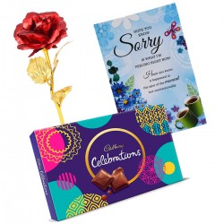 Sorry Card with Chocolate & Artificial Red Rose Flower Golden Leaf