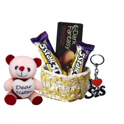 Rakhi Gift for Sister - Combo of Soft Toy, Chocolate Basket and Keychain