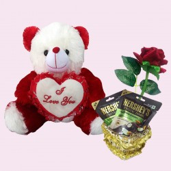 Love Gift for Valentine Day - Soft Teddy Bear, Artificial Red Rose, Basket with 2 Chocolates