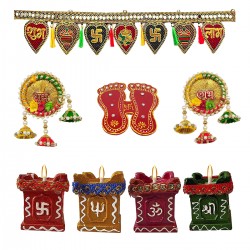 Premium Quality Diwali Door Decoration Combo- Decorative Toran For Mandir or Main Door, Tulsi Diya, Shubh Labh and Maa Lakshmi Charan Paduka