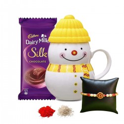 Snow Man Coffee Mug, Dairy Milk Silk, And Bhai Dooj Thread With Roli Chawal