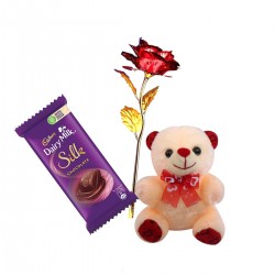 Best Gift for Girlfriend, Boyfriend, Wife - Golden Red Rose Flower, Soft Teddy Bear, Chocolate - Love Gift