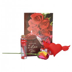 Greeting Card With Heart Light Showpiece And Message Bottle And Artificial Rose