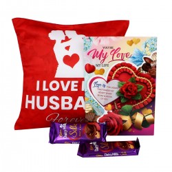 Valentine Gift for Husband Special - Cushion Cover with Filler, Greeting Card & 2 Chocolates - Love Gift for Husband