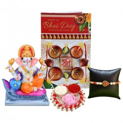 Bhaiya Dooj Greeting Card, Thread With Roli Tikka Chawal, Ganesha Idol