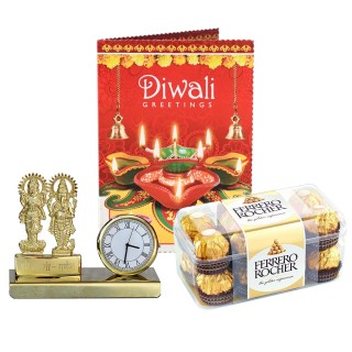 Combo Pack Diwali Gift - Diwali Greeting Card with Chocolate Metal Lakshmi Ganesha with Clock Showpiece