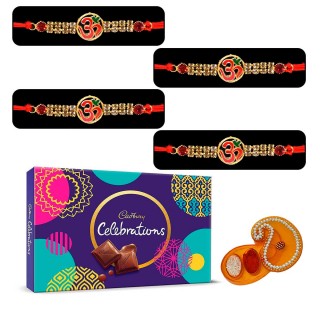 Set of 4 Om Rakhi for Brother with Chocolate Celebration Pack