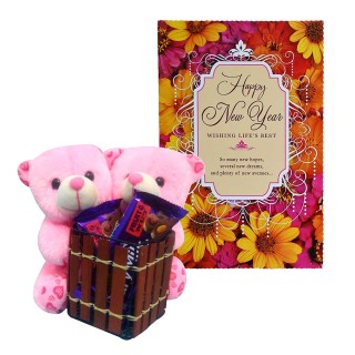 Greeting Card And Teddy Bear Pen Stand With Chocolates