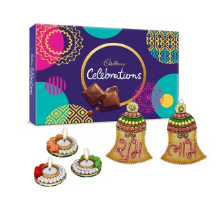 Wooden hanging Shubh Labh, Tea Light candles, and Cadbury Celebration Chocolate Box Gift Pack