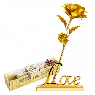 Gift Combo - Artificial Golden Rose with Love Stand & Ferrero Rocher Pack of 4
