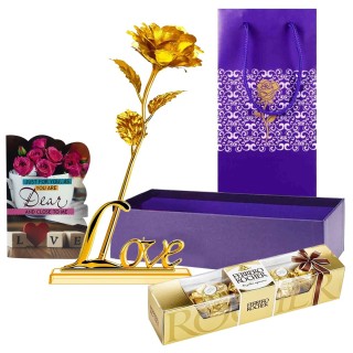 Love Gift Combo for Valentine Day - Love Greeting Card, Premium Golden Rose, Chocolate - Rose Day, Propose Day