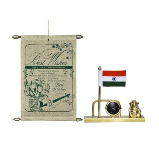 Best Wishes Gift - Best Wishes Scroll Card, Indian Flag with Table Clock and Ganesha Idol Metal Showpiece