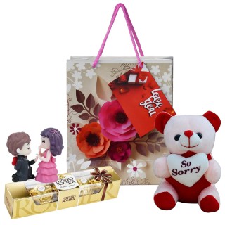 Sorry Gift Combo - Love Couple Showpiece, Chocolate, Sorry Teddy Bear, Paper Carry Bag