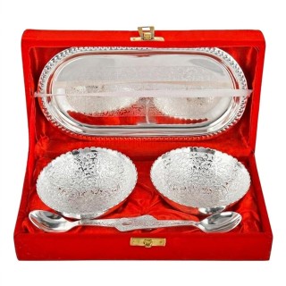 German Silver Bowl Set with Spoon and Tray for Return Gift with Velvet Gift Box